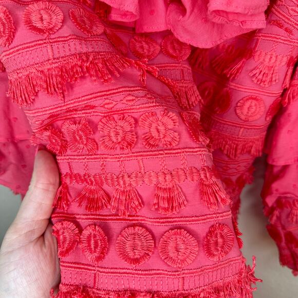 Alexis Calypso Ruffled Off Shoulder Rouge Coral Pink Embroidered Mini Dress XS - Picture 7 of 16